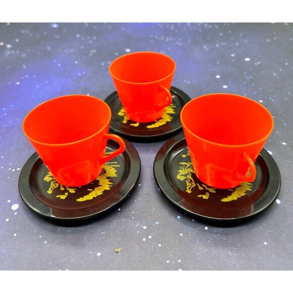 Vintage Irwin Plastic Doll Dishes Set Coffee Tea Japanese Style Black Orange - Picture 5 of 16